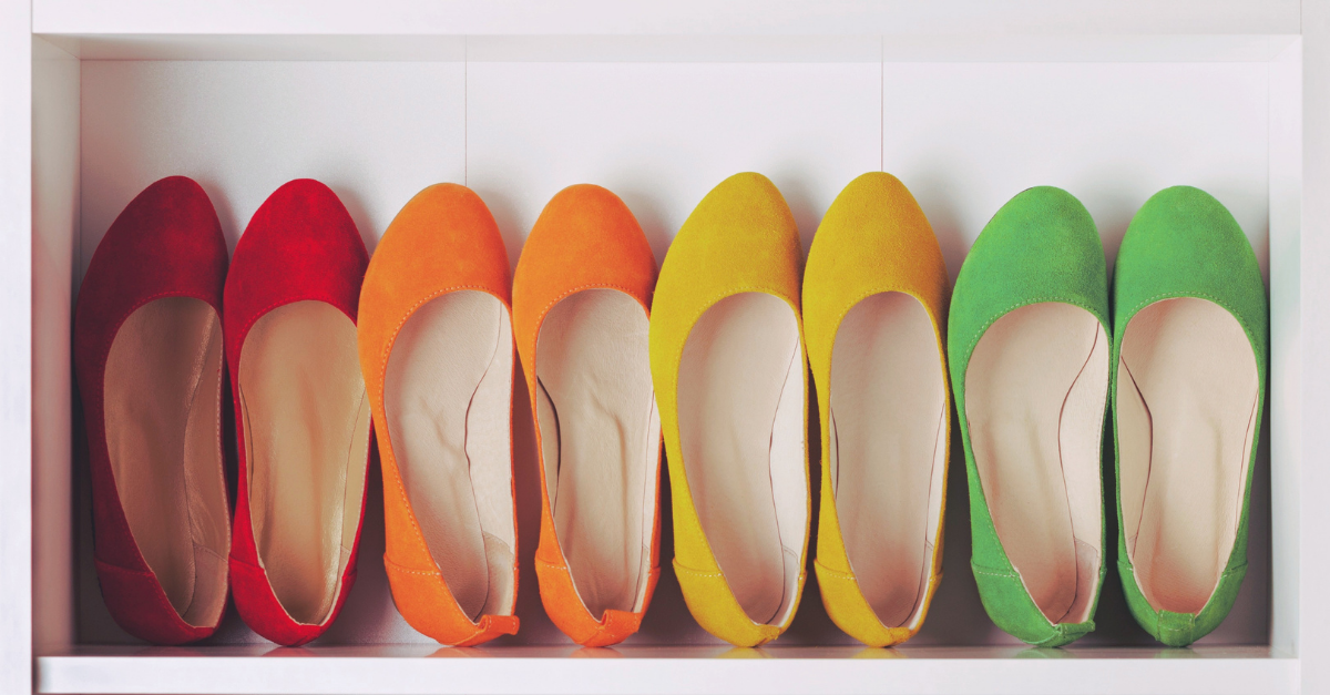 lining of shoes in different collors red orange yellow and green