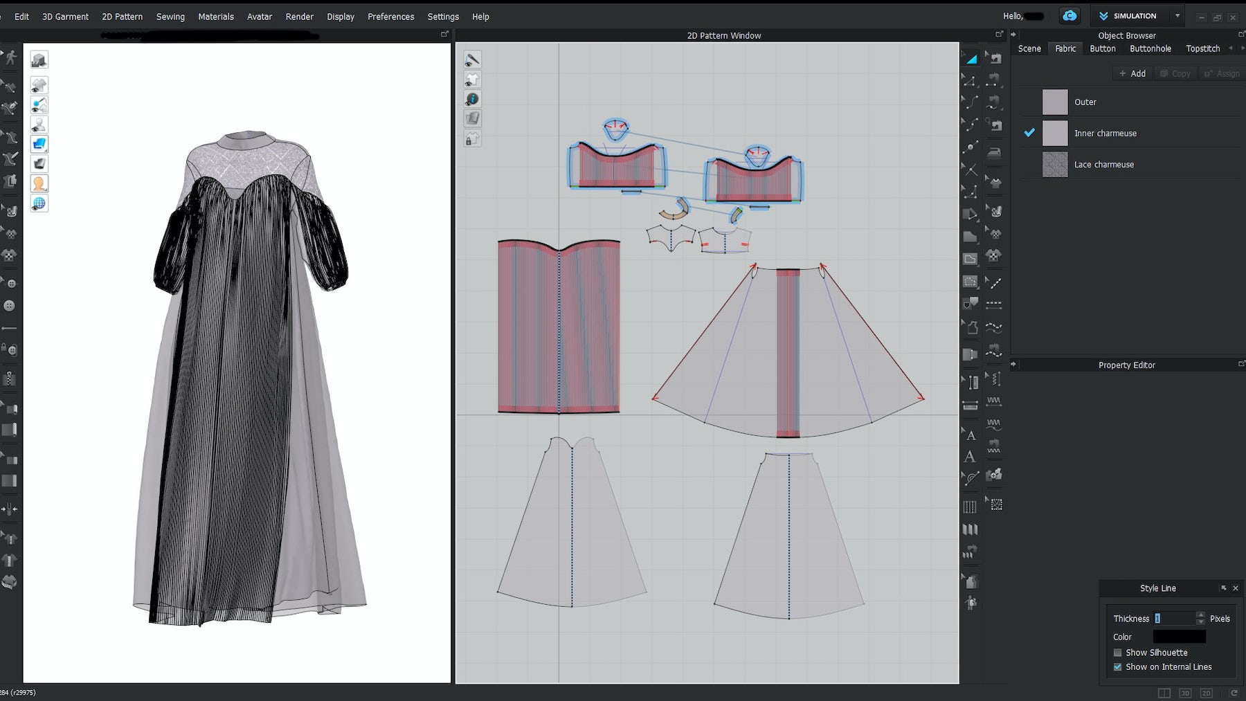 a 3D dress being designed in CLO3D software